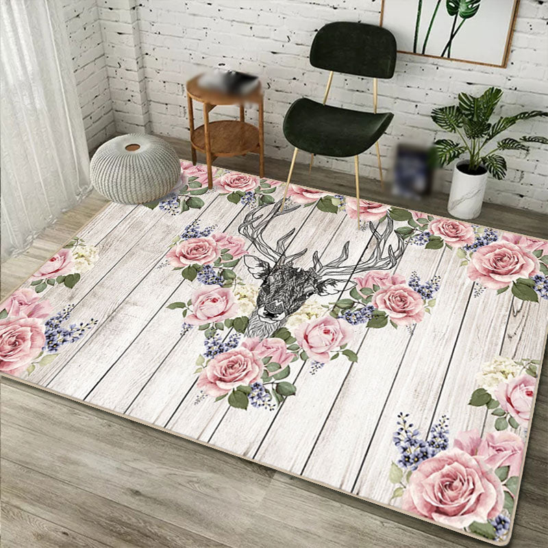Modern Floral Pattern Area Rug Pink Polyester Area Carpet Non-Slip Backing Rug for Home Decor