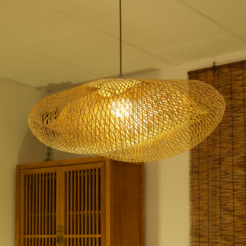 Asian 1 Bulb Hanging Light Flaxen Curved Pendant Lighting Fixture with Bamboo Shade