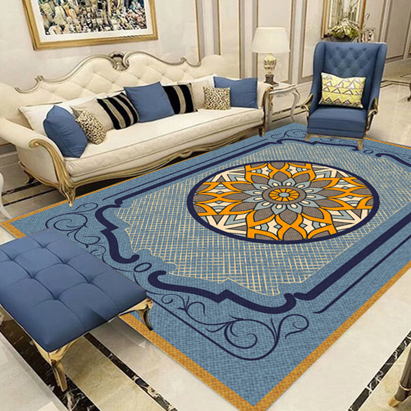Blue Traditional Area Carpet Antique Print Polyester Area Rug Anti-Slip Rug for Home Decor