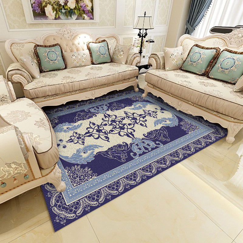 Blue Traditional Area Carpet Antique Print Polyester Area Rug Anti-Slip Rug for Home Decor