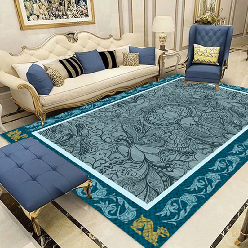 Blue Traditional Area Carpet Antique Print Polyester Area Rug Anti-Slip Rug for Home Decor