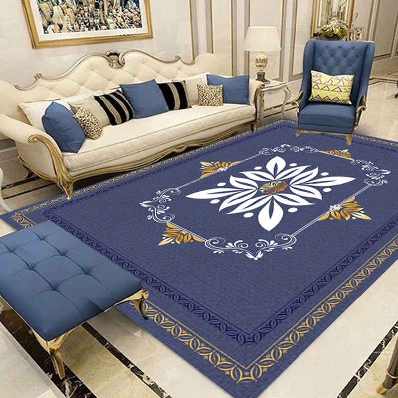 Blue Traditional Area Carpet Antique Print Polyester Area Rug Anti-Slip Rug for Home Decor