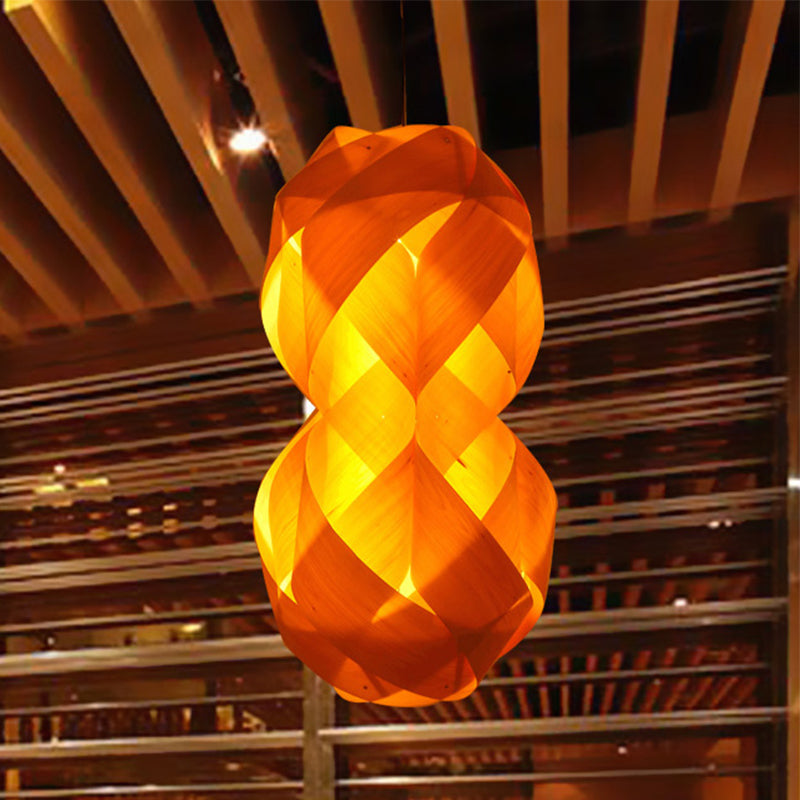 1 Bulb Hand Woven Pendant Light Chinese Wood Suspended Lighting Fixture in Beige
