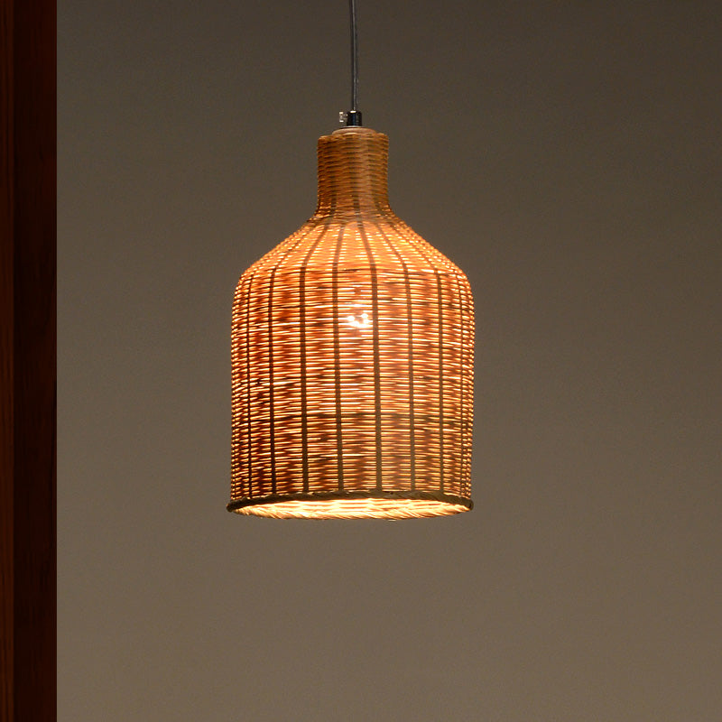 Chinese 1 Head Pendant Lamp Flaxen Tubular Hanging Ceiling Light with Bamboo shade