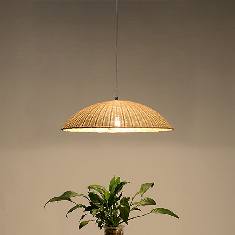 Domed Ceiling Lamp Asian Bamboo 1 Head Flaxen Hanging Pendant Light for Living Room