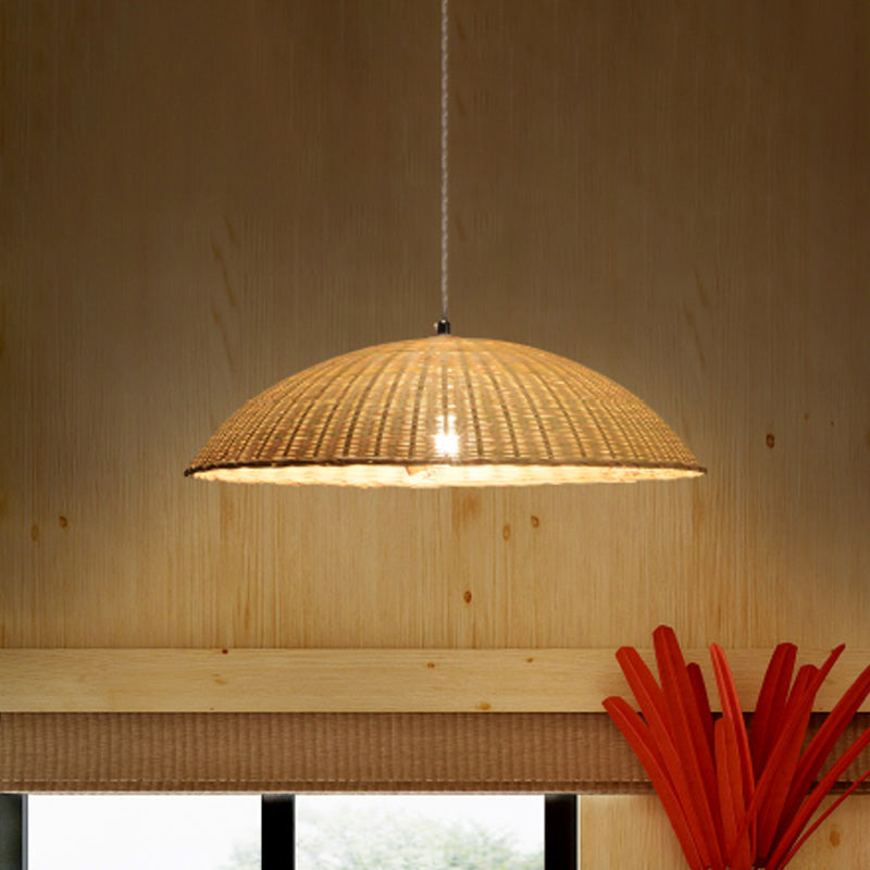 Domed Ceiling Lamp Asian Bamboo 1 Head Flaxen Hanging Pendant Light for Living Room