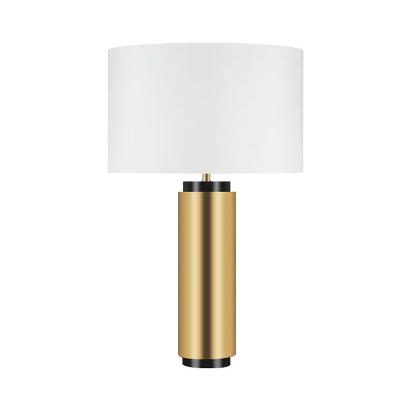 Lámpara de escritorio cilíndrica blanca de 1 cabezal de tela modernista con base de metal dorado