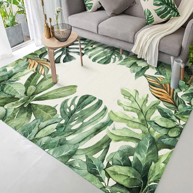 Green Modern Area Carpet Leaf Pattern Polyester Area Rug Stain Resistant Rug for Living Room