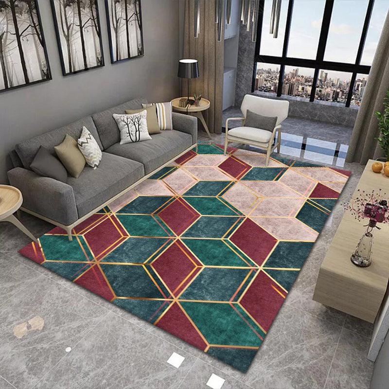 Green Living Room Rug Geometric Pattern Polyester Area Carpet Anti-Slip Washable Area Rug