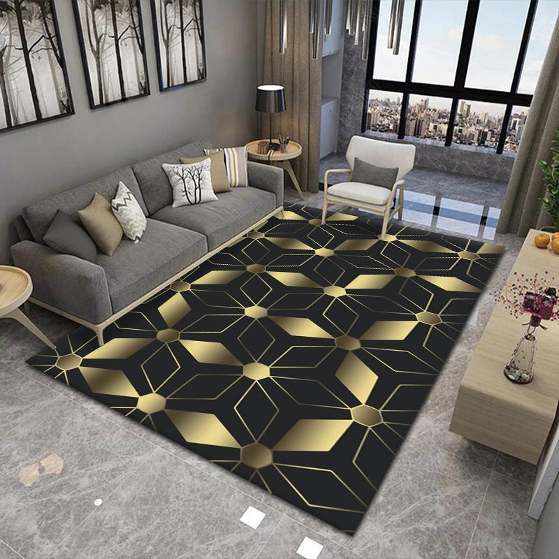 Green Living Room Rug Geometric Pattern Polyester Area Carpet Anti-Slip Washable Area Rug
