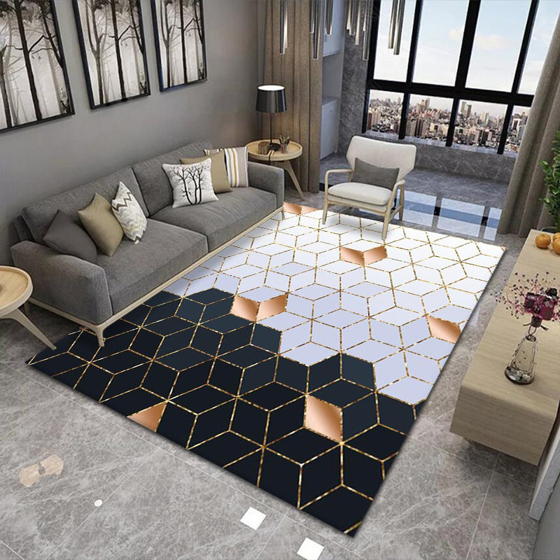 Green Living Room Rug Geometric Pattern Polyester Area Carpet Anti-Slip Washable Area Rug