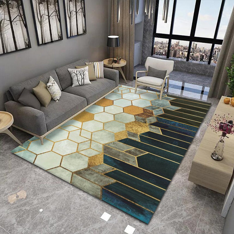 Modern Living Room Area Rug Geometric Print Polyester Area Carpet Stain Resistant Easy Care Rug