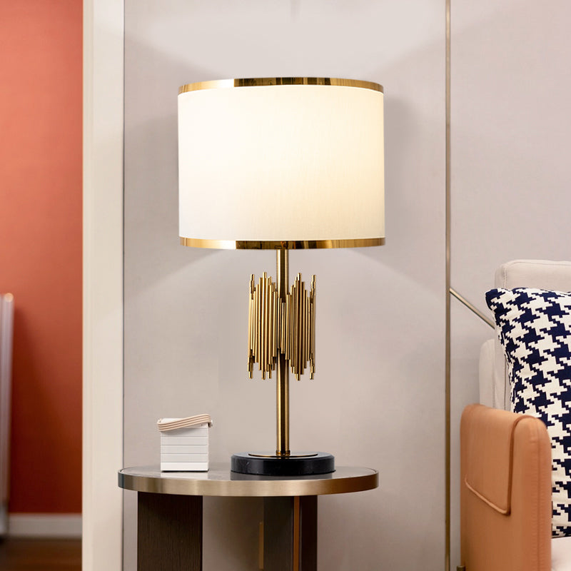 Shaded Table Light Modernist Fabric 1 Bulb White Desk Lamp with Black Round Marble Base