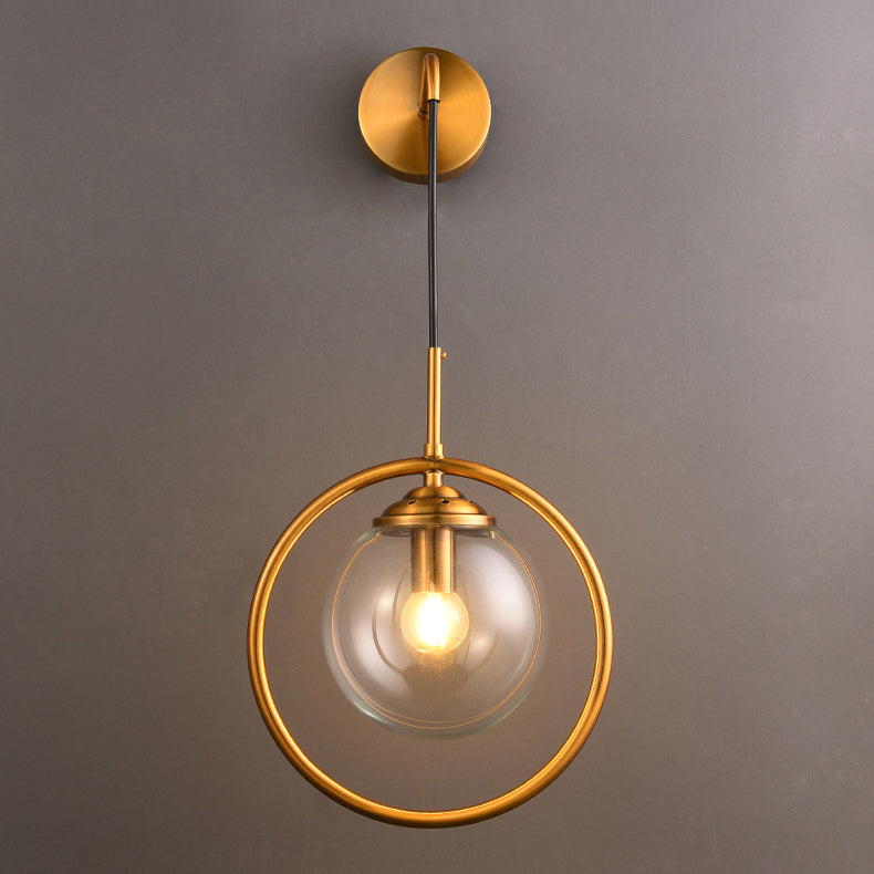 1-Light Round Shade Modern Style Glass Wall Lighting Fixtures in Brass for Bedroom Living Room
