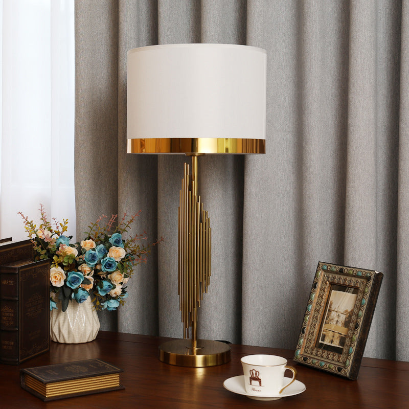 Cylindrical Fabric Task Lamp Modern 1 Head White Table Light with Gold Circle Metal Base