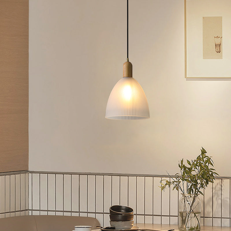 1-Light Cone Shade suspendu lampe, verre coulé contemporain Lumière suspendue avec haut en bois