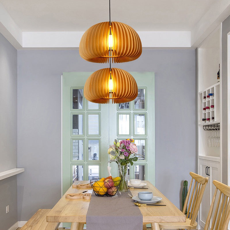 1 Light Pumpkin Shape Wooden Pendant Light Nordic Style Living Room Hanging Lamp Fixture