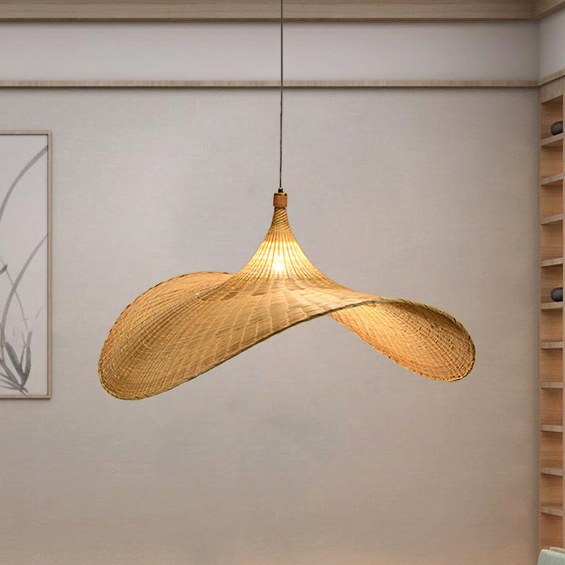 1 Bulb Living Room Pendant Lamp Asia Flaxen Hanging Light Fixture with Flare Bamboo Shade