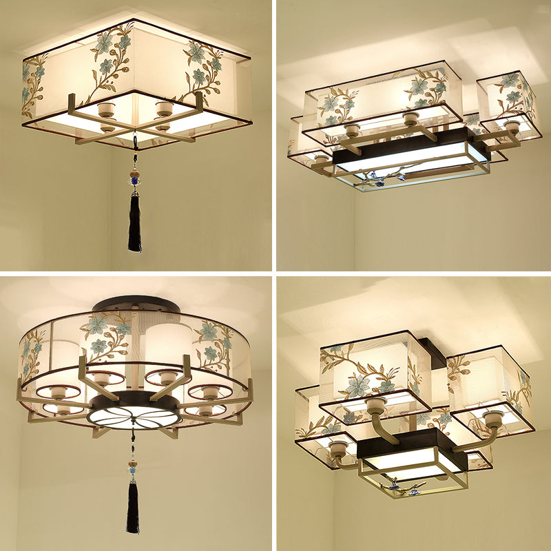 Multi-head Light Fixtures Asia Style Fabric Flush Light for Living Room