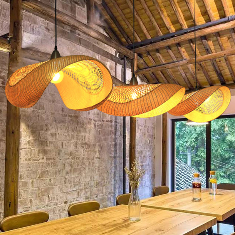 Bamboo Curvy Hanging Lamp Japanese 1 Head Beige Ceiling Pendant Light for Dining Room