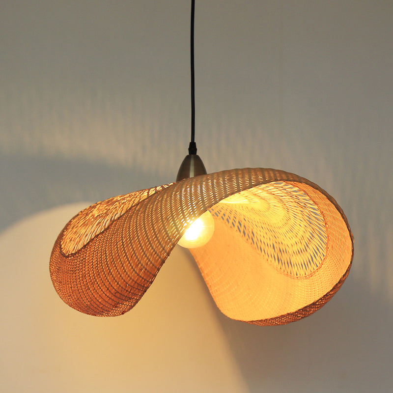 Bamboo Curvy Hanging Lamp Japanese 1 Head Beige Ceiling Pendant Light for Dining Room