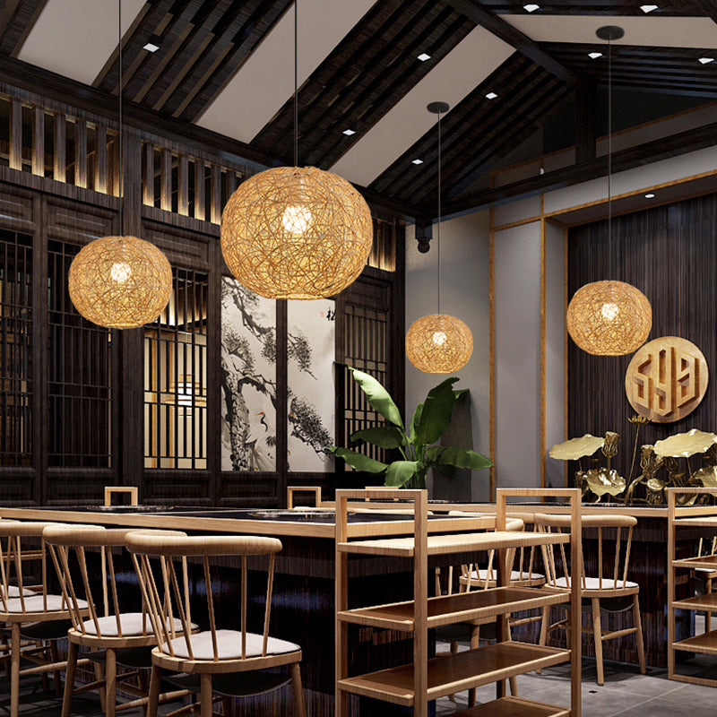 1 Light Modern Style Spherical Bamboo Pendant Light Rural Hanging Lamp Fixture for Living Room