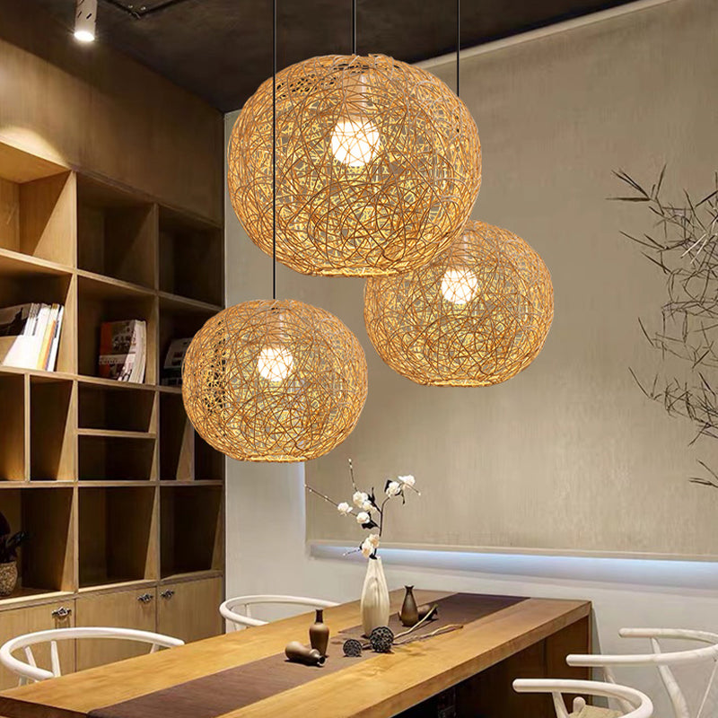 1 Light Modern Style Spherical Bamboo Pendant Light Rural Hanging Lamp Fixture for Living Room