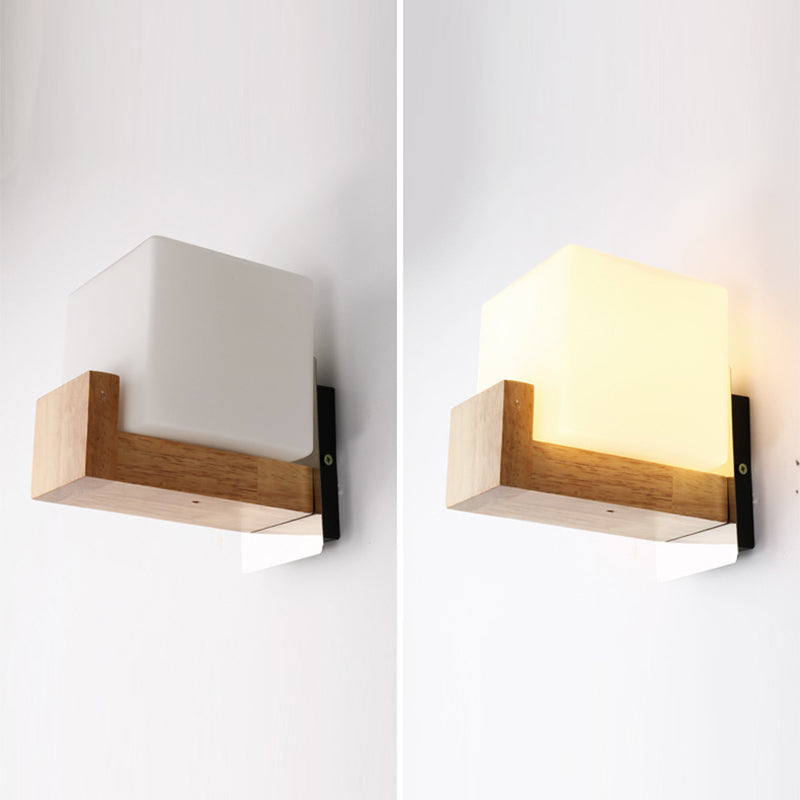 Modern Simplicity Single Light Square Wall Lamp Wood Bedroom Living Room Wall Mount Lighting