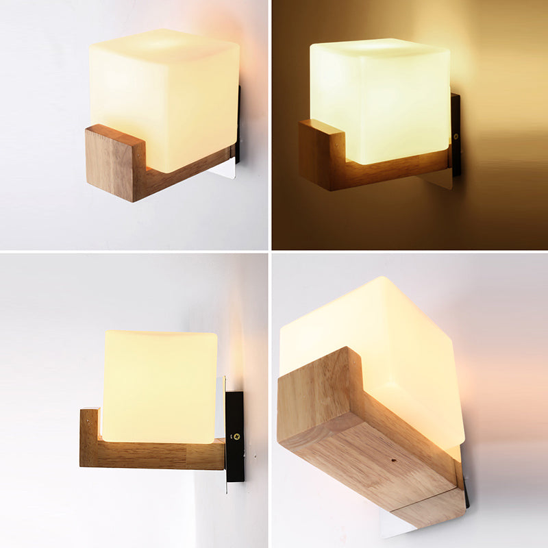 Modern Simplicity Single Light Square Wall Lamp Wood Bedroom Living Room Wall Mount Lighting