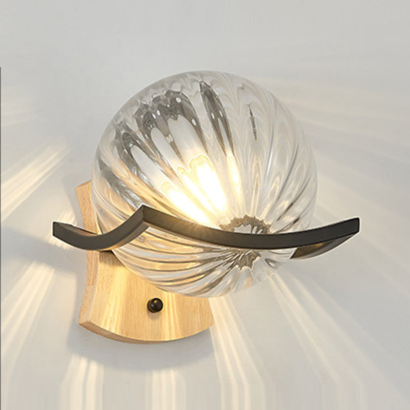 Modern Style Wooden Wall Sconce Glass Shade 1 Light Wall Mount Light Fixture for Living Room