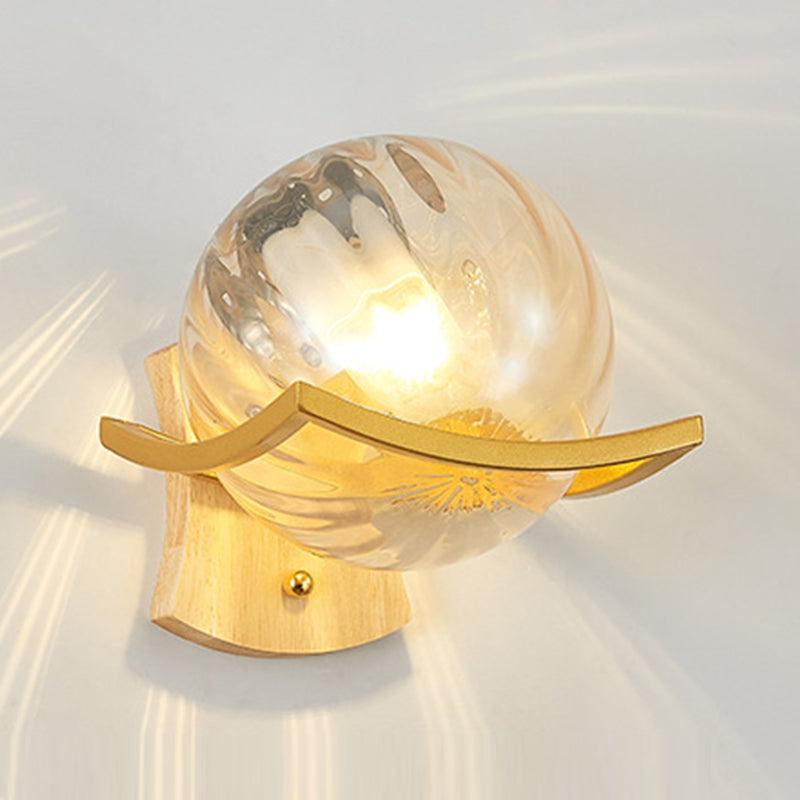 Modern Style Wooden Wall Sconce Glass Shade 1 Light Wall Mount Light Fixture for Living Room