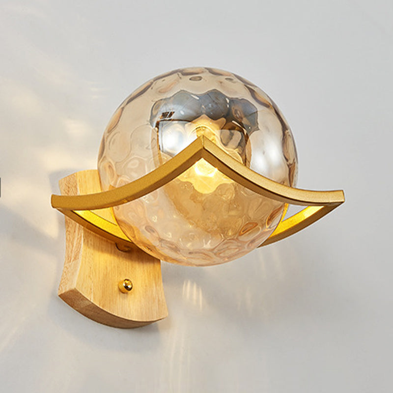 Modern Style Wooden Wall Sconce Glass Shade 1 Light Wall Mount Light Fixture for Living Room