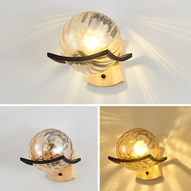 Modern Style Wooden Wall Sconce Glass Shade 1 Light Wall Mount Light Fixture for Living Room
