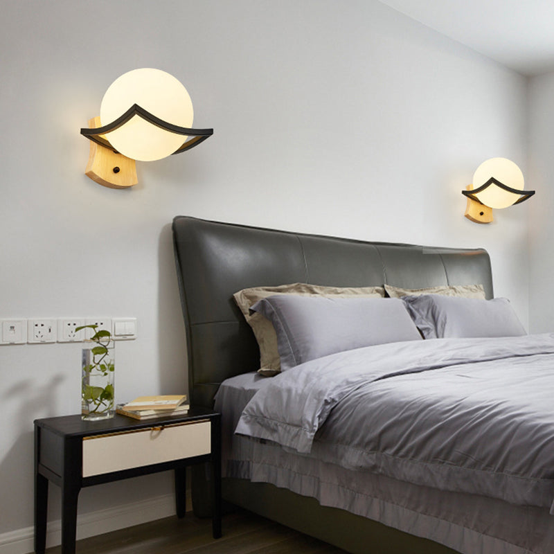 Modern Style Wooden Wall Sconce Glass Shade 1 Light Wall Mount Light Fixture for Living Room