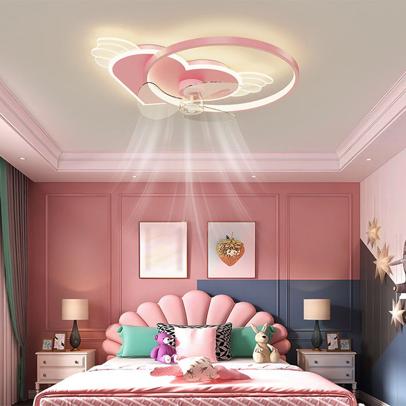 Corazón rosa y anillo Ventilador de techo Cartoon LED Metal Semi Flush Lighting para niños Rala