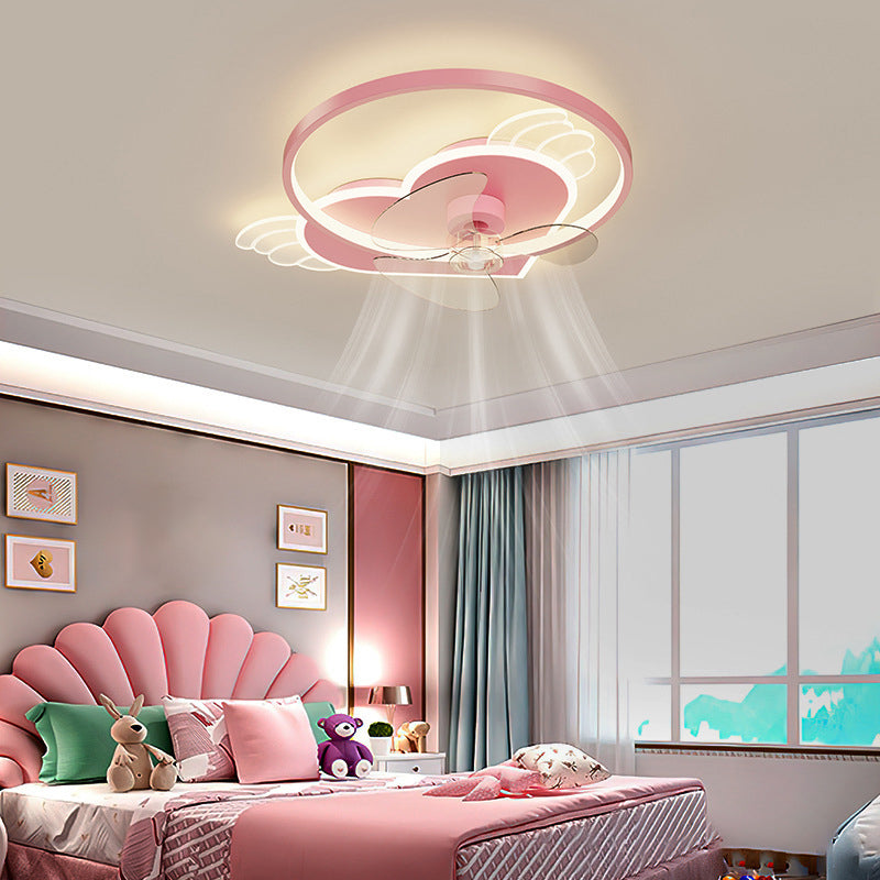 Corazón rosa y anillo Ventilador de techo Cartoon LED Metal Semi Flush Lighting para niños Rala