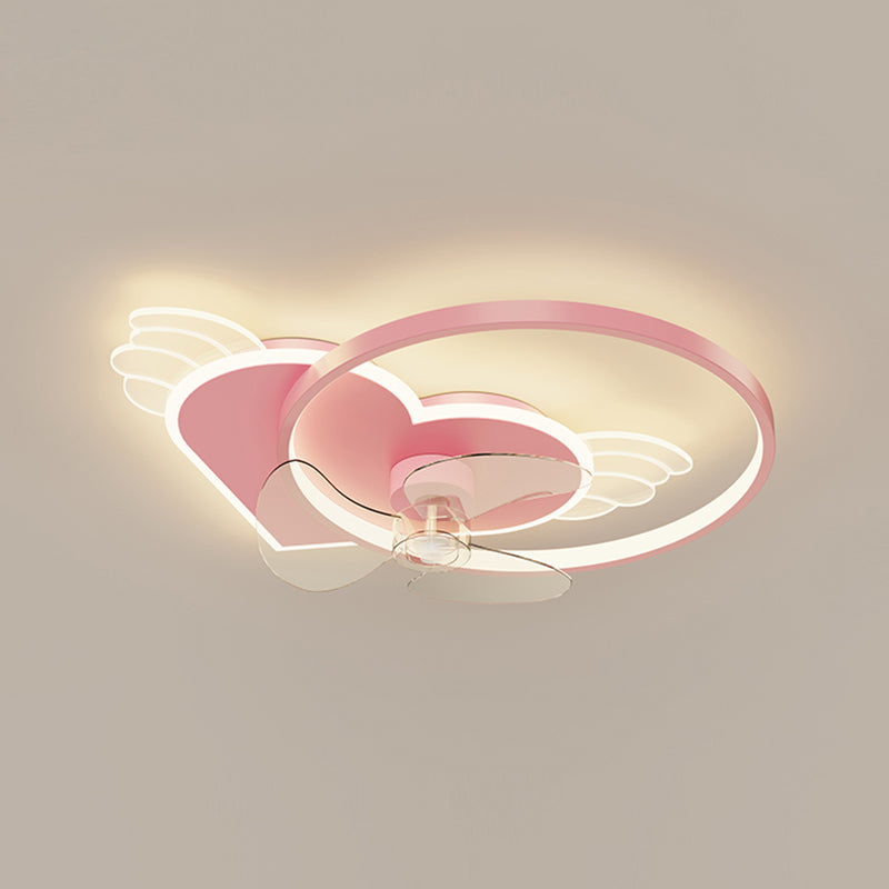 Corazón rosa y anillo Ventilador de techo Cartoon LED Metal Semi Flush Lighting para niños Rala