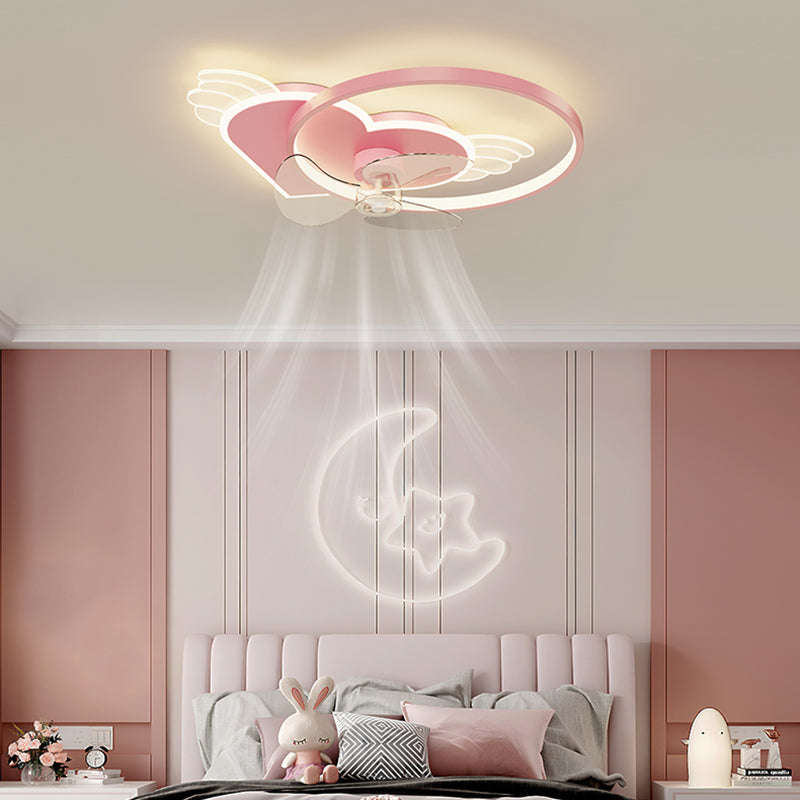 Corazón rosa y anillo Ventilador de techo Cartoon LED Metal Semi Flush Lighting para niños Rala