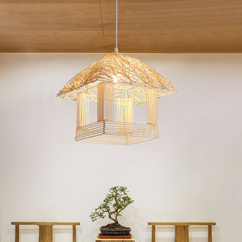 Asian 1 Bulb Pendant Light Beige House Suspended Lighting Fixture with Bamboo Shade
