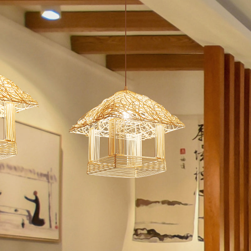 Asian 1 Bulb Pendant Light Beige House Suspended Lighting Fixture with Bamboo Shade