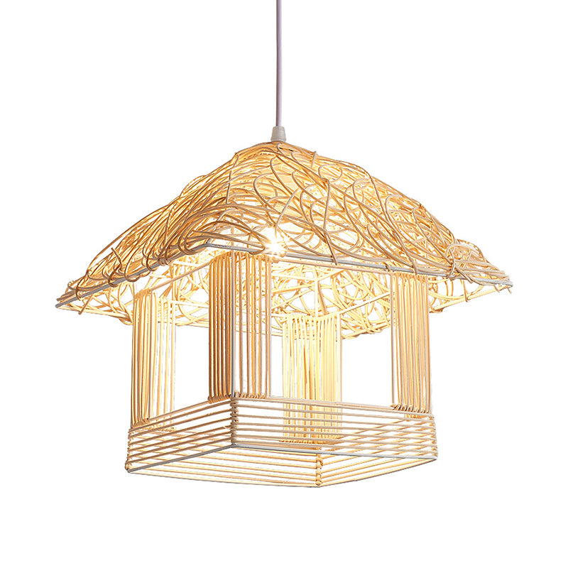 Asian 1 Bulb Pendant Light Beige House Suspended Lighting Fixture with Bamboo Shade