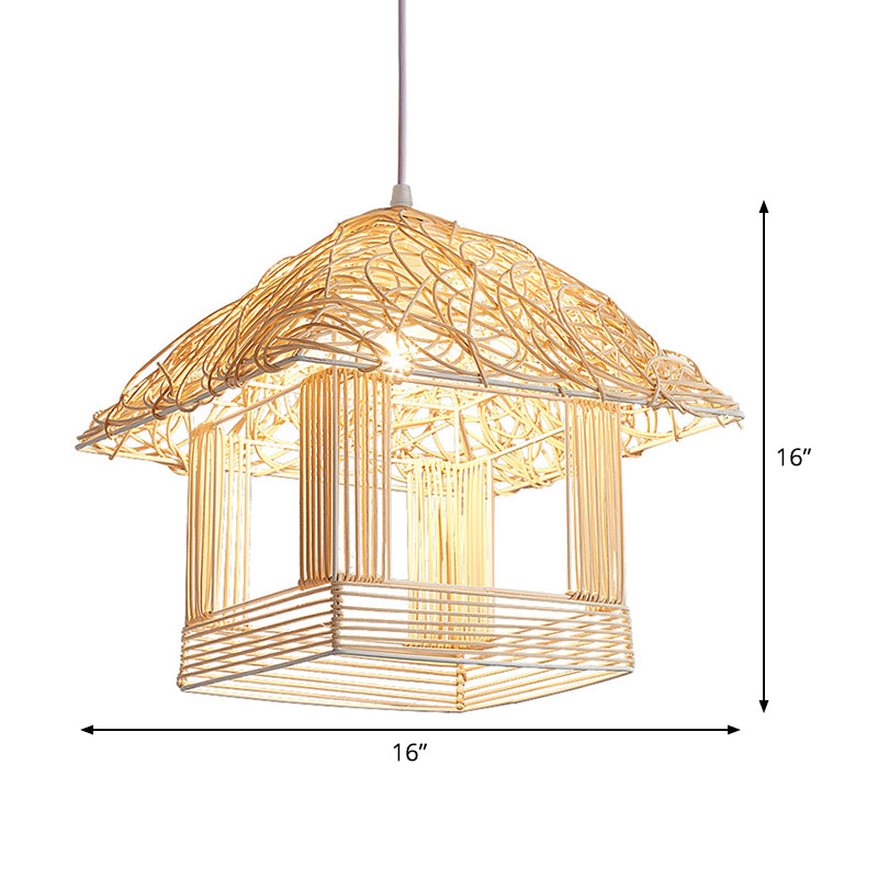 Asian 1 Bulb Pendant Light Beige House Suspended Lighting Fixture with Bamboo Shade