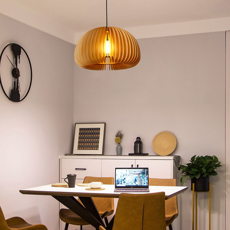 1 Light Pumpkin Shape Wooden Pendant Light Modern Style Living Room Hanging Lamp Fixture