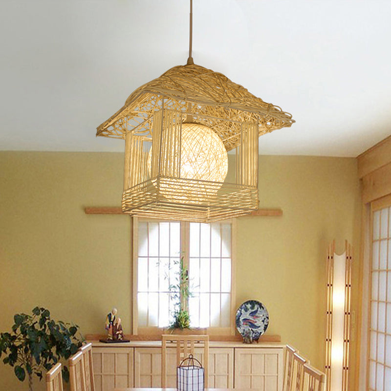 Handmade Ceiling Lamp Chinese Bamboo 1 Bulb 12"/16" Wide Beige/Coffee Pendant Lighting Fixture