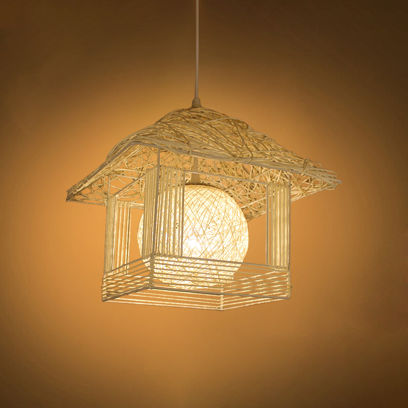 Handmade Ceiling Lamp Chinese Bamboo 1 Bulb 12"/16" Wide Beige/Coffee Pendant Lighting Fixture