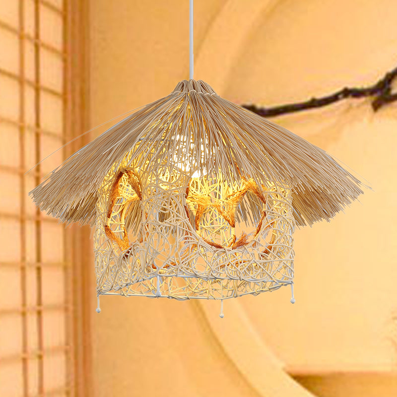 1 tête de salon suspendu Asie Plafond beige Light Light avec une teinte de bambou maison