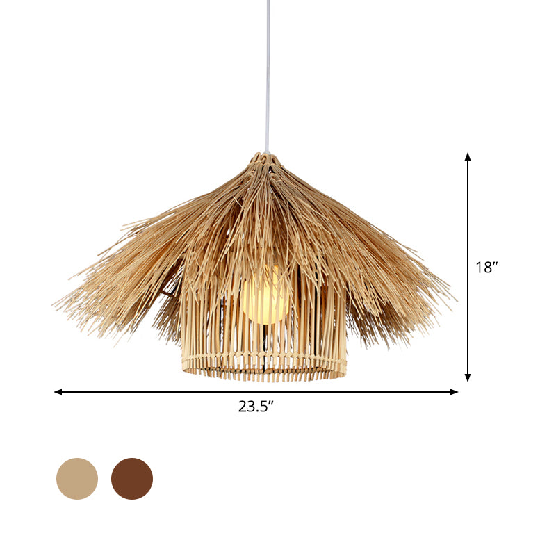 Asian 1 Head Ceiling Light Coffee/Flaxen Handcrafted Pendant Lighting Fixture with Bamboo Shade