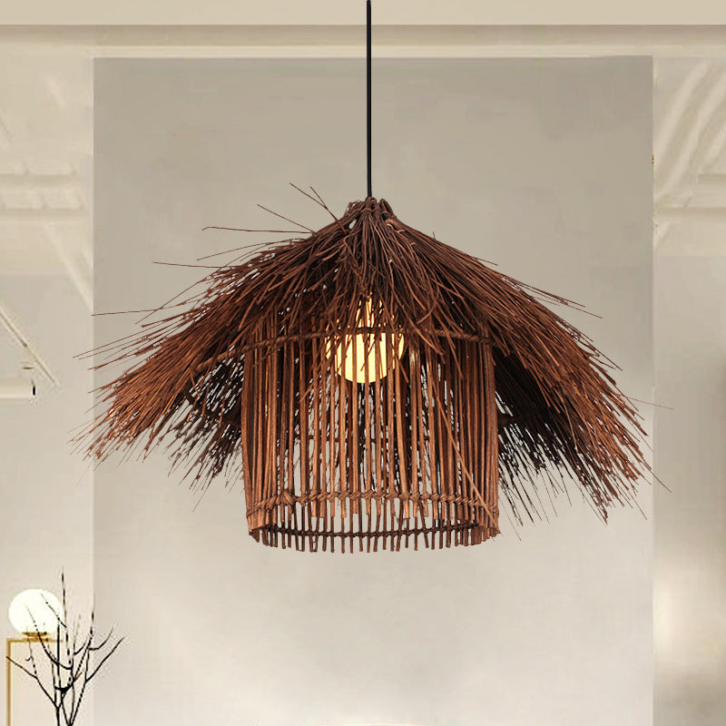 Asian 1 Head Ceiling Light Coffee/Flaxen Handcrafted Pendant Lighting Fixture with Bamboo Shade