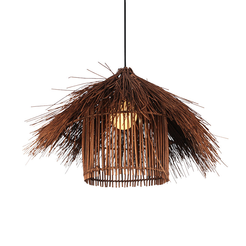 Asian 1 Head Ceiling Light Coffee/Flaxen Handcrafted Pendant Lighting Fixture with Bamboo Shade