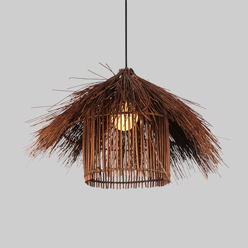 Asian 1 Head Ceiling Light Coffee/Flaxen Handcrafted Pendant Lighting Fixture with Bamboo Shade